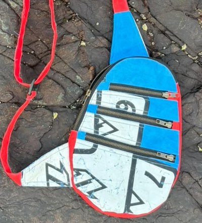 Close-up of the three zips and the printed size markings